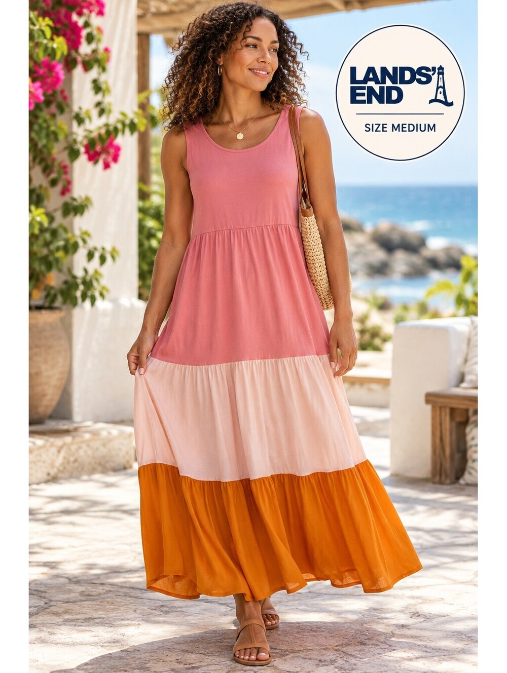 Lands' End | M | Pink Blush Orange Colorblock Tiered Knit Maxi Dress